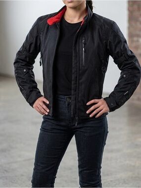 Oxford Women's Black Moto Jacket with Red Collar Accent